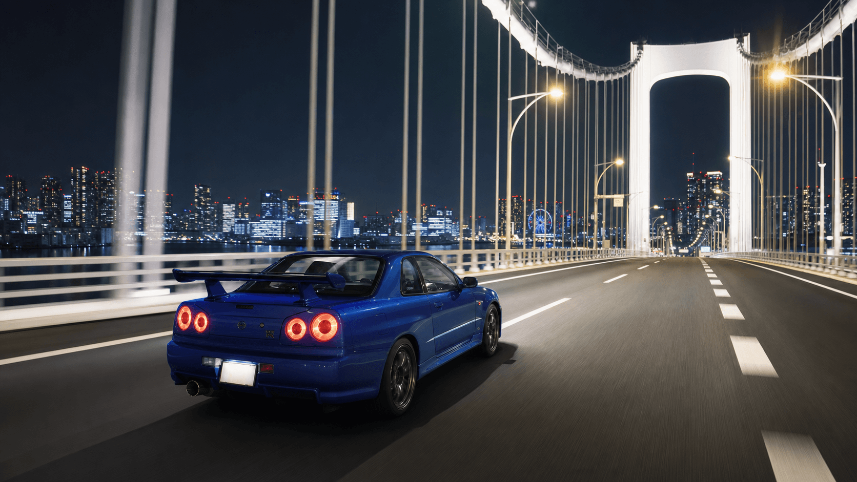 Illustrative image of a Nissan Skyline GT-R crossing Rainbow Bridge at night